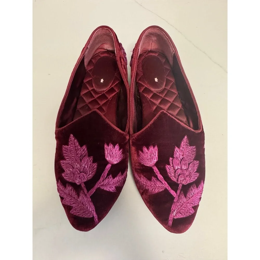Birdies Heron Embroidered Flat in Crimson Velvet, featuring metallic floral - Picture 8 of 9